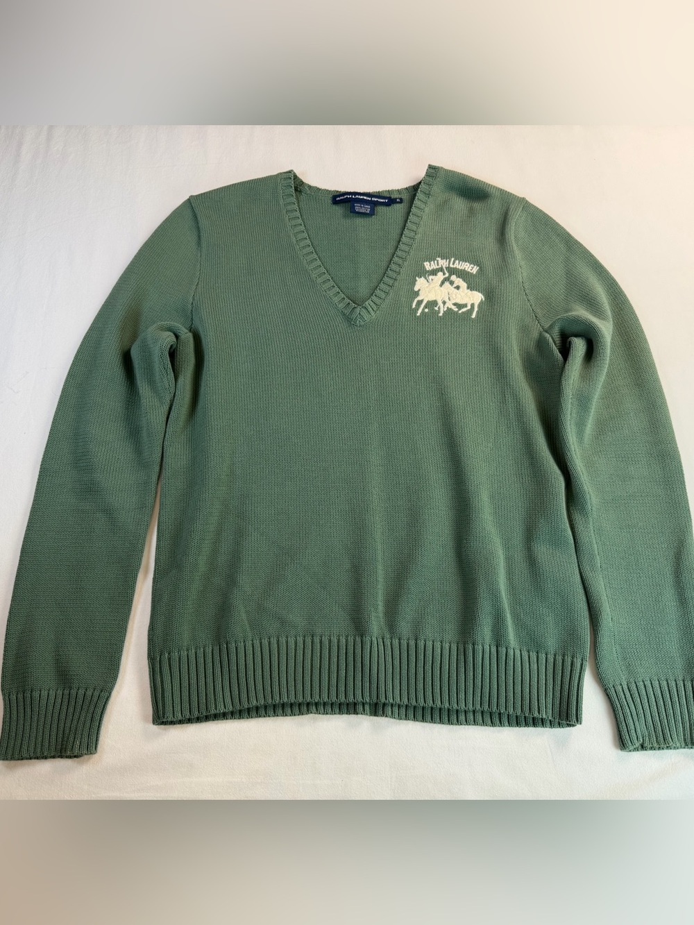 Ralph Lauren Sport Sage Green Cotton Knit V Neck Sweater Size XL EUC